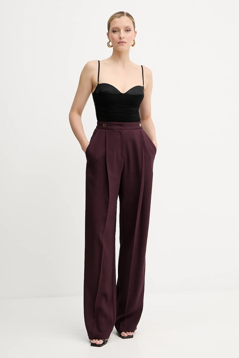 Elisabetta Franchi spodnie z domieszką wełny damskie kolor bordowy proste high waist PA12356E2 - zdjęcie produktu nr 2
