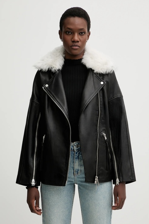 AllSaints ramoneska skórzana VENDRA kolor czarny przejściowa oversize W021LD - zdjęcie produktu nr 1