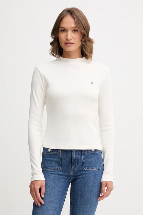 Tommy Hilfiger longsleeve bawełniany kolor beżowy z półgolfem WW0WW47307 - zdjęcie produktu nr 1