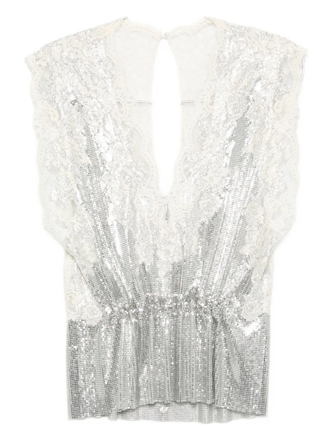 Rabanne lace-insert mesh gathered-waist top - Silver - zdjęcie produktu nr 1