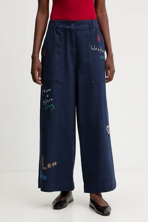 Weekend Max Mara spodnie bawełniane LOTUS damskie kolor granatowy szerokie high waist 2525136011600 - zdjęcie produktu nr 1