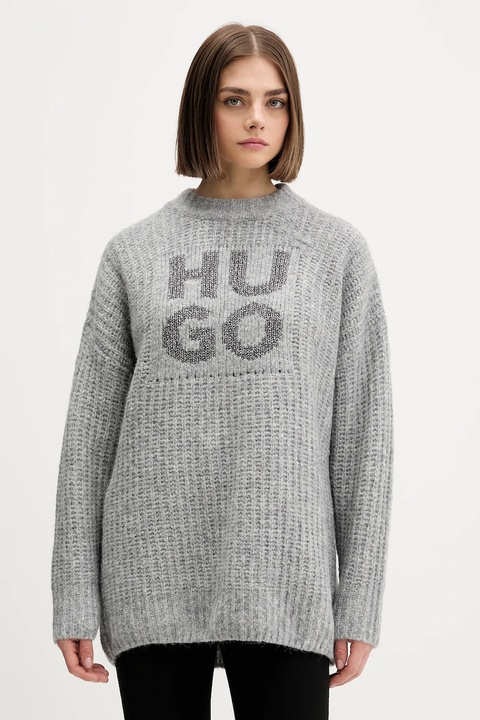 HUGO sweter z dodatkiem wełny damski kolor szary ciepły 50548245 - zdjęcie produktu nr 1