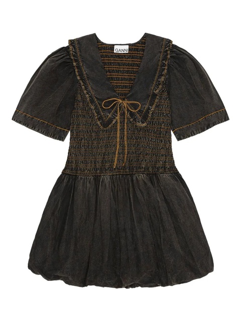 GANNI smocked dress with puff sleeves - Black - zdjęcie produktu nr 1
