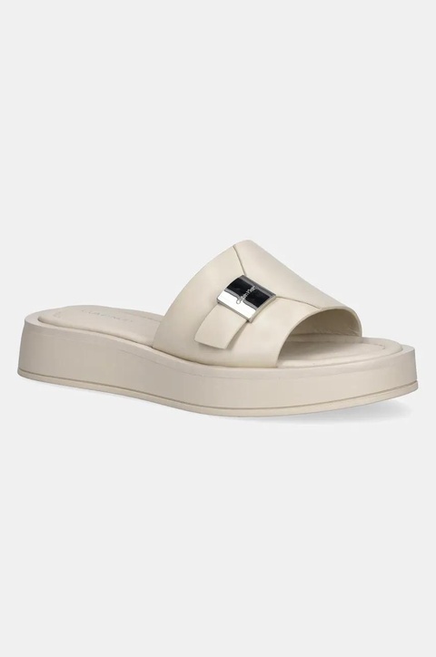 Calvin Klein klapki skórzane FLATFORM SLIDE W/CK HW - LTH damskie kolor beżowy na platformie HW0HW02368 - zdjęcie produktu nr 1