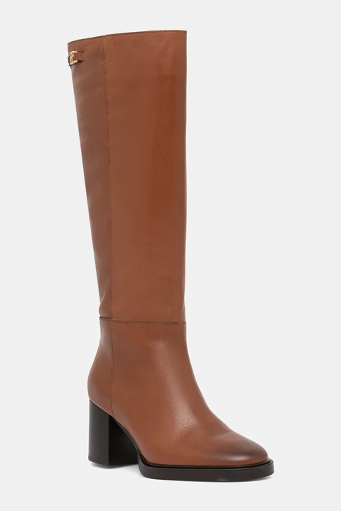 Tommy Hilfiger kozaki skórzane STACKED HEEL LEATHER LONG BOOT damskie kolor brązowy na słupku FW0FW08865 - zdjęcie produktu nr 1