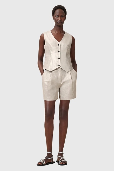 AllSaints szorty lniane AVERIE damskie kolor srebrny gładkie medium waist W069QC - zdjęcie produktu nr 2