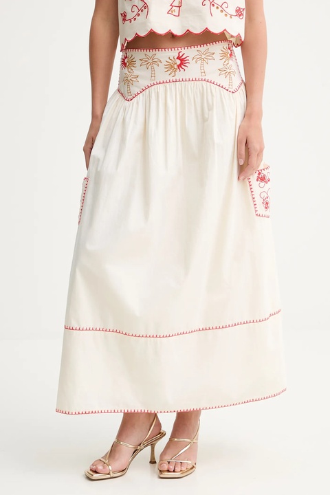 Never Fully Dressed spódnica bawełniana kolor beżowy midi rozkloszowana NFDSK650 - zdjęcie produktu nr 1