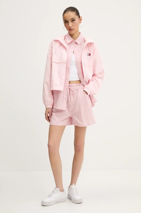 Tommy Jeans koszula z domieszką lnu damska kolor różowy regular z kołnierzykiem klasycznym DW0DW20292 - zdjęcie produktu nr 2