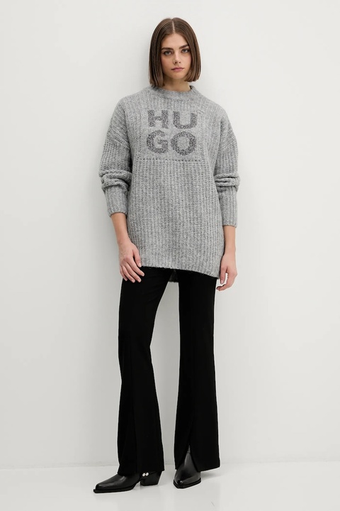 HUGO sweter z dodatkiem wełny damski kolor szary ciepły 50548245 - zdjęcie produktu nr 2