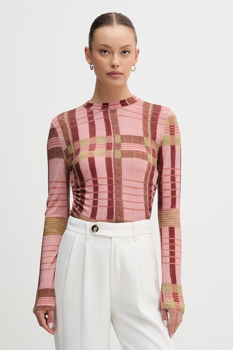 Barbour sweter wełniany x Farm Rio damski kolor różowy lekki z półgolfem LKN1716 - zdjęcie produktu nr 1