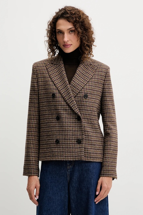 Weekend Max Mara marynarka z dodatkiem wełny GERUSIA kolor brązowy dwurzędowa wzorzysta 2525046032600 - zdjęcie produktu nr 1