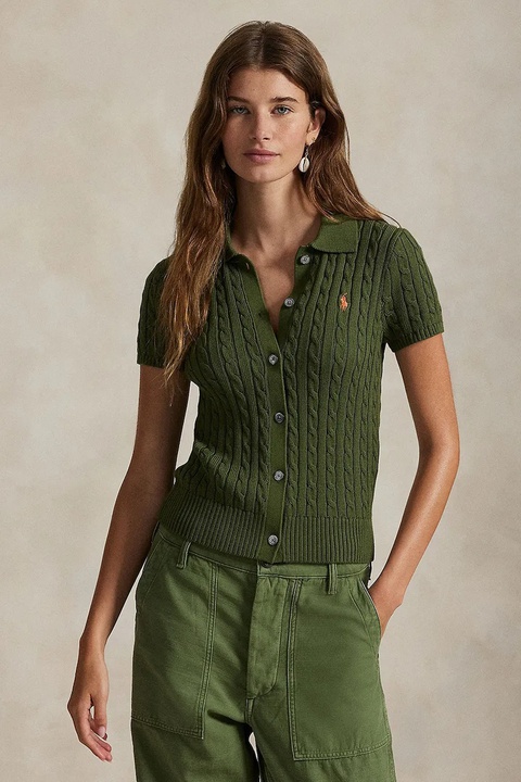 Polo Ralph Lauren koszula bawełniana damska kolor zielony slim z kołnierzykiem klasycznym 211963486 - zdjęcie produktu nr 1