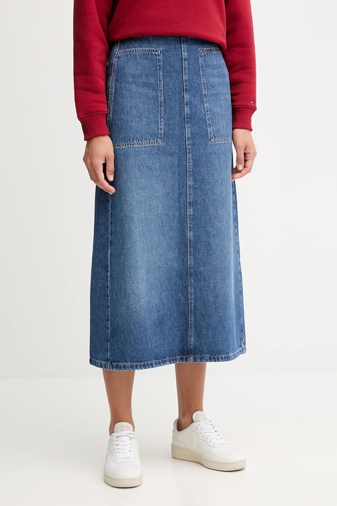 Tommy Hilfiger spódnica jeansowa bawełniana kolor niebieski midi prosta WW0WW46737 - zdjęcie produktu nr 1