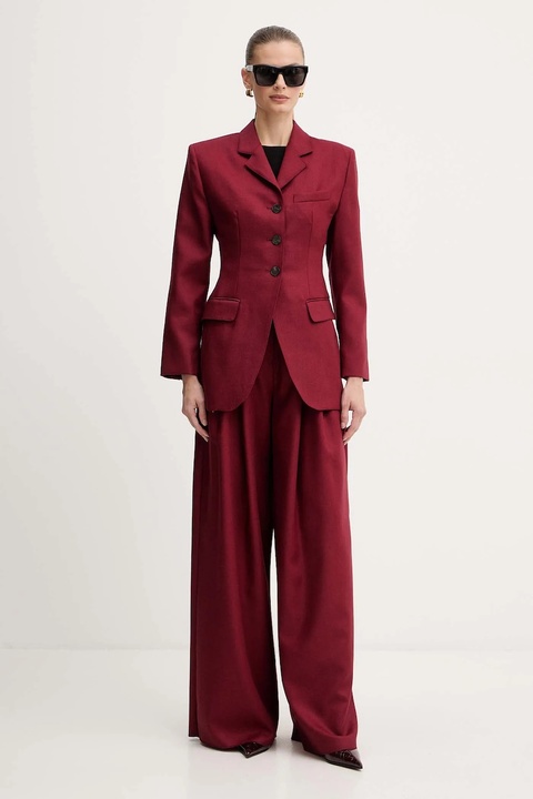 Marella spodnie wełniane damskie kolor bordowy szerokie high waist 2523136182200 - zdjęcie produktu nr 1