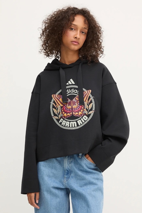 adidas bluza x Farm Rio damska kolor czarny z kapturem wzorzysta JL8607 - zdjęcie produktu nr 1