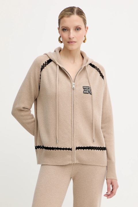 Ermanno Scervino bluza wełniana damska kolor beżowy z kapturem z aplikacją 57TN037E54 - zdjęcie produktu nr 1