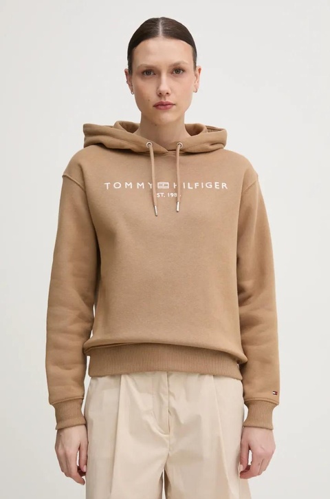 Tommy Hilfiger bluza damska kolor brązowy z kapturem z aplikacją WW0WW43598 - zdjęcie produktu nr 1