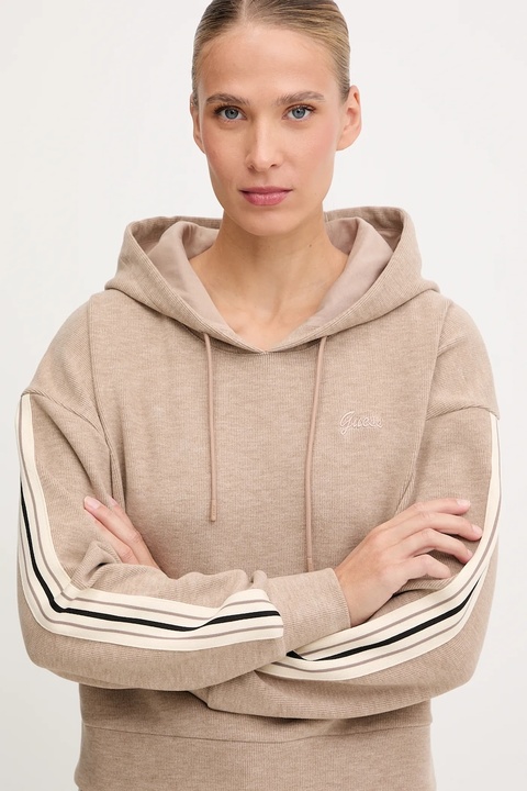 Guess bluza z domieszką wełny MURIEL damska kolor beżowy z kapturem z aplikacją V5BQ14 KCX52 - zdjęcie produktu nr 2