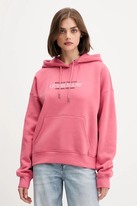 Guess Jeans bluza damska kolor różowy z kapturem z aplikacją W4YQ15 KC811 - zdjęcie produktu nr 1
