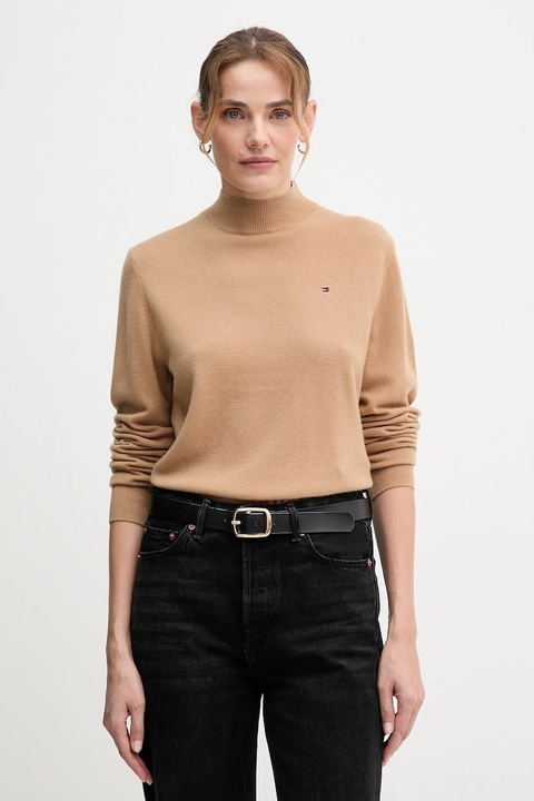 Tommy Hilfiger sweter wełniany damski kolor brązowy lekki z półgolfem WW0WW47468 - zdjęcie produktu nr 1