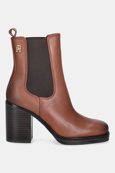 Tommy Hilfiger botki skórzane SQUARE TOE CHELSEA HIGH BLOCK HL damskie kolor brązowy na słupku FW0FW08844 - zdjęcie produktu nr 2