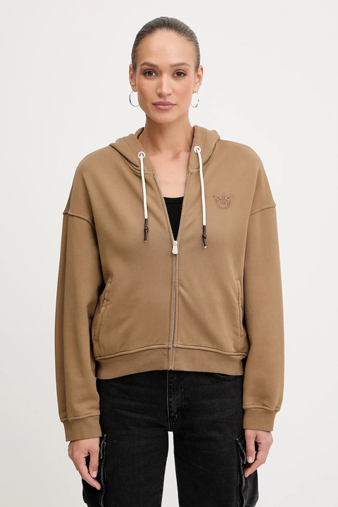 Pinko bluza bawełniana damska kolor brązowy z kapturem gładka 105509 A2RB - zdjęcie produktu nr 1