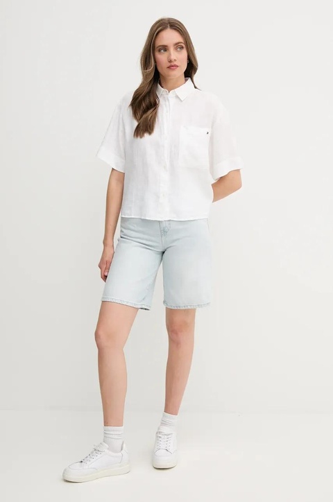 Tommy Hilfiger koszula lniana damska kolor beżowy relaxed z kołnierzykiem klasycznym WW0WW44720 - zdjęcie produktu nr 2