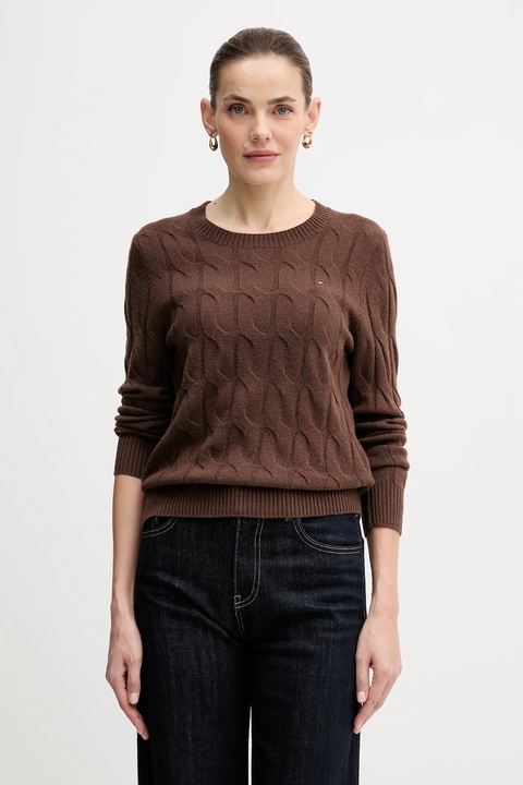 Tommy Hilfiger sweter wełniany damski kolor brązowy lekki WW0WW43586 - zdjęcie produktu nr 1