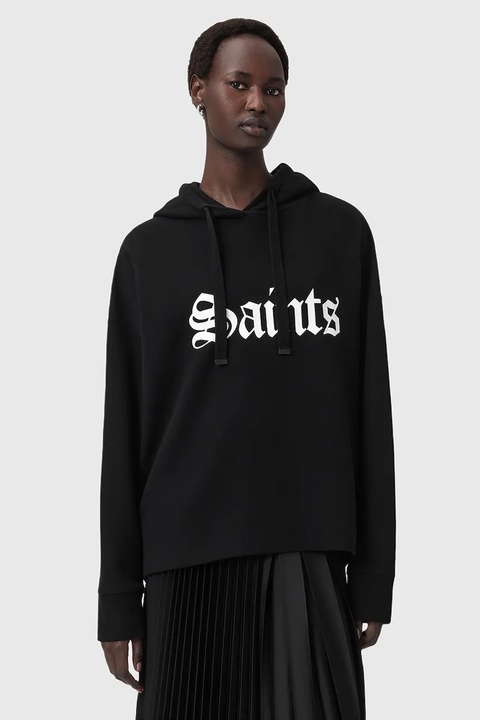 AllSaints bluza bawełniana SAINT damska kolor czarny z kapturem z nadrukiem W140JD - zdjęcie produktu nr 1