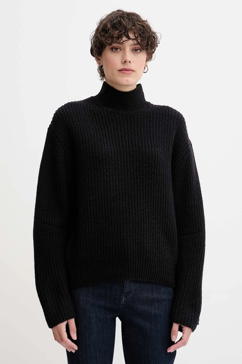 Calvin Klein Jeans sweter z dodatkiem wełny damski kolor czarny z półgolfem LV044D329G - zdjęcie produktu nr 1