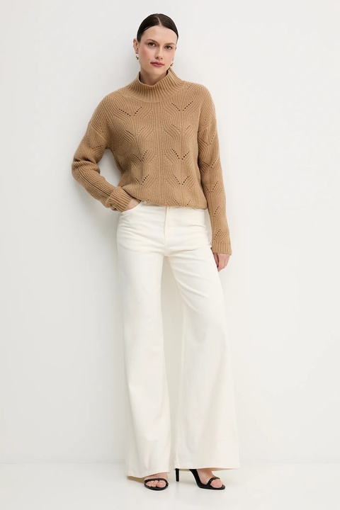 United Colors of Benetton sweter z dodatkiem wełny damski kolor beżowy lekki z półgolfem 1FDFD10F2 - zdjęcie produktu nr 2