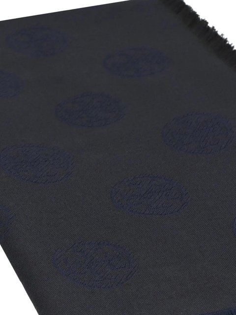 Tory Burch logo-pattern frayed-edge scarf - Black - zdjęcie produktu nr 2