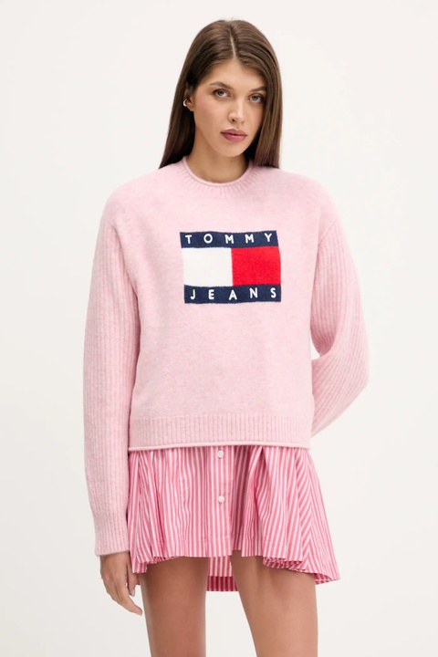 Tommy Jeans sweter z dodatkiem wełny damski kolor różowy lekki DW0DW21782 - zdjęcie produktu nr 1