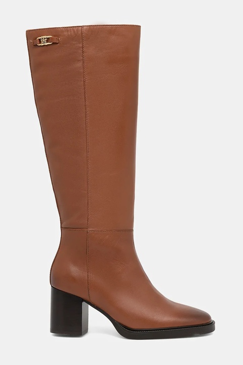 Tommy Hilfiger kozaki skórzane STACKED HEEL LEATHER LONG BOOT damskie kolor brązowy na słupku FW0FW08865 - zdjęcie produktu nr 2