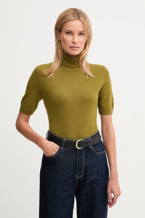 United Colors of Benetton sweter z dodatkiem wełny dziecięcy damski kolor zielony lekki z golfem 102HD203X - zdjęcie produktu nr 1