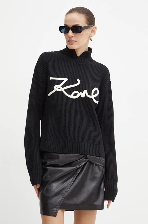 Karl Lagerfeld sweter wełniany damski kolor czarny ciepły z półgolfem 246W2000 - zdjęcie produktu nr 1