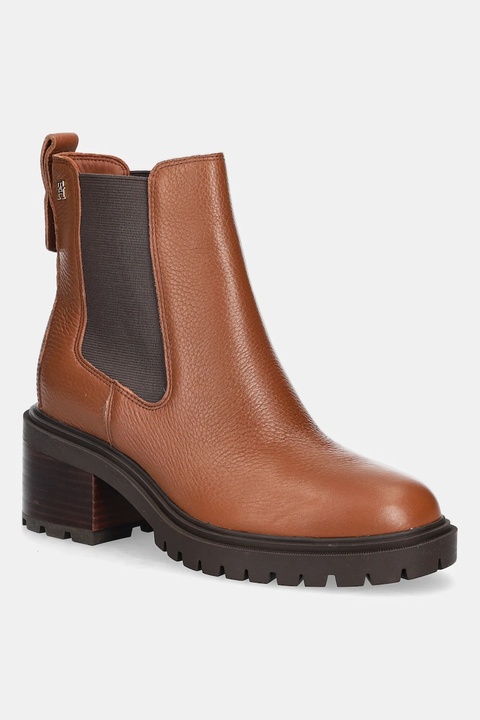 Tommy Hilfiger sztyblety skórzane TH LEATHER CHELSEA CLEATED HEEL damskie kolor brązowy na słupku FW0FW08774 - zdjęcie produktu nr 1