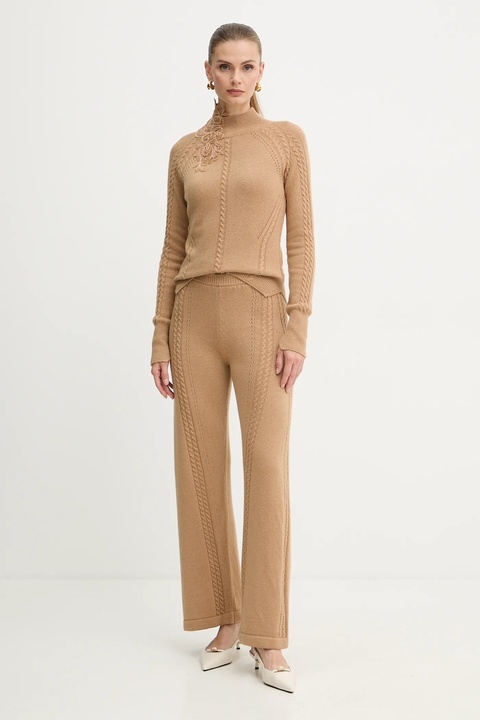 Ermanno Scervino LIFE spodnie z dodatkiem wełny damskie kolor brązowy proste high waist D474P501NJG - zdjęcie produktu nr 2
