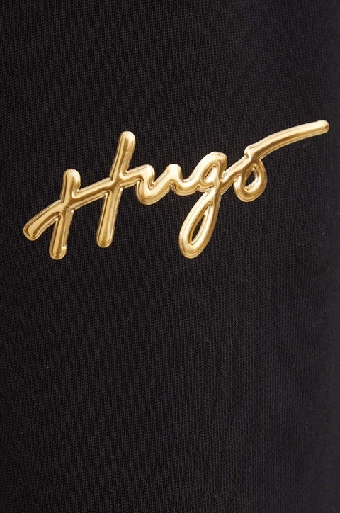 HUGO bluza damska kolor czarny z kapturem z aplikacją - zdjęcie produktu nr 2