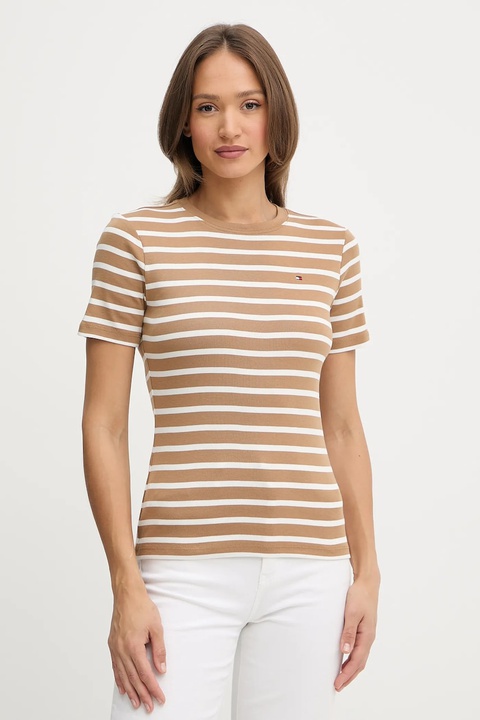 Tommy Hilfiger t-shirt bawełniany damski kolor brązowy WW0WW40587 - zdjęcie produktu nr 1
