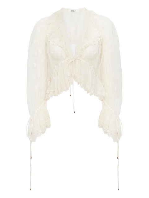 Chloé v-neck ruffled embroidery lace blouse - Neutrals - zdjęcie produktu nr 1