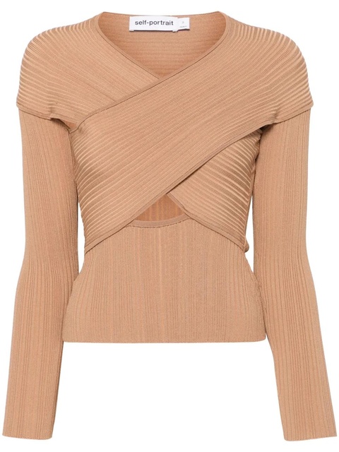 Self-Portrait ribbed wrap top - Brown - zdjęcie produktu nr 1