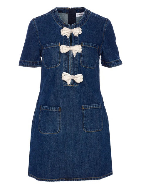 Self-Portrait bow-embellished denim dress - Blue - zdjęcie produktu nr 1