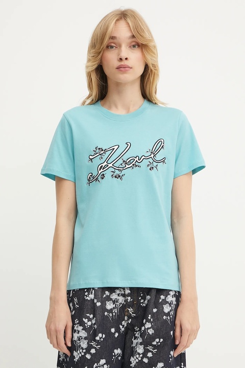 Karl Lagerfeld t-shirt bawełniany damski kolor turkusowy A3W17018 - zdjęcie produktu nr 1