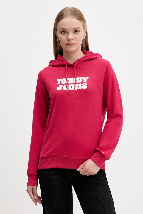 Tommy Jeans bluza bawełniana damska kolor różowy z kapturem z nadrukiem DW0DW21962 - zdjęcie produktu nr 1