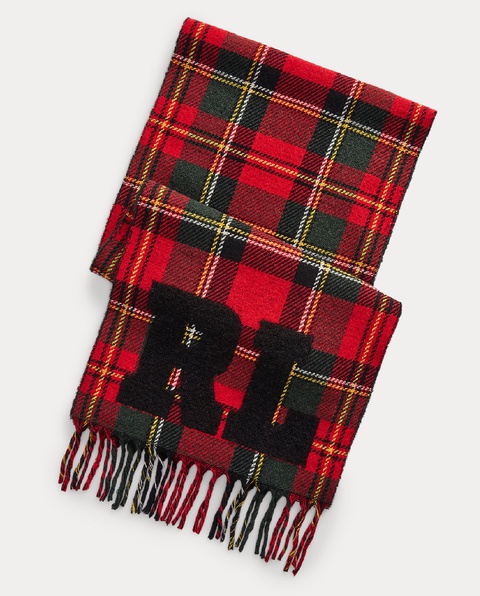 RALPH LAUREN - Czerwony szalik w kratę z frędzlami i logo - zdjęcie produktu nr 1