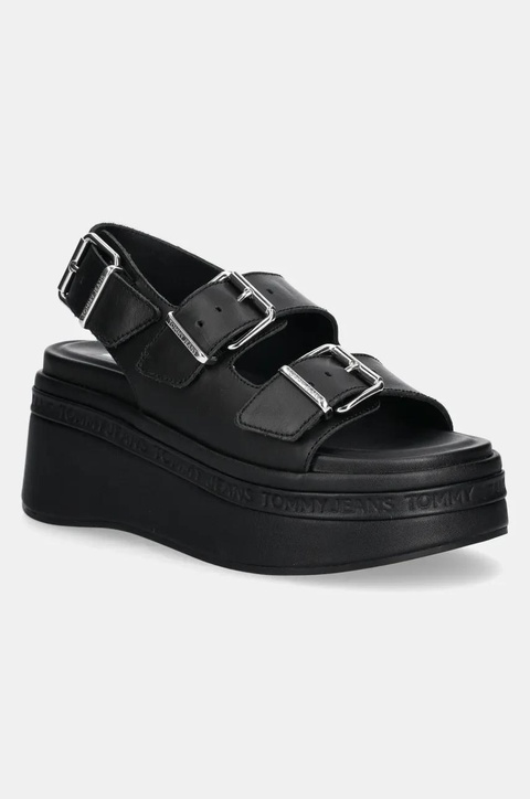 Tommy Jeans sandały skórzane WEDGE SANDAL damskie kolor czarny na platformie EN0EN02774 - zdjęcie produktu nr 1