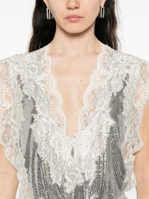 Rabanne lace-insert mesh gathered-waist top - Silver - zdjęcie produktu nr 2
