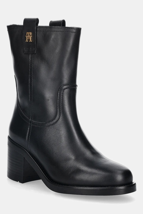 Tommy Hilfiger botki skórzane RIDING LTHR MID BOOT BLOCK HEEL damskie kolor czarny na słupku FW0FW08776 - zdjęcie produktu nr 1