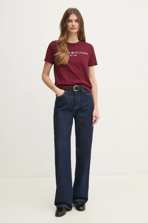 Tommy Hilfiger t-shirt bawełniany damski kolor bordowy WW0WW40276 - zdjęcie produktu nr 2